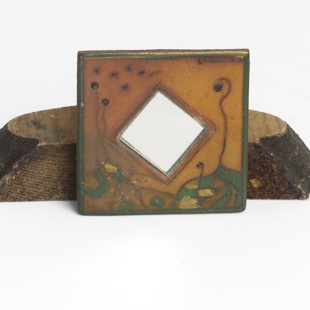 Vintage Mirror Brooch Pin Square Painted Leather Modern Art Flower Pattern